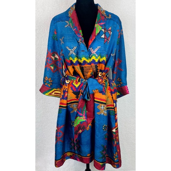 PIERRE-LOUIS MASCIA • Blue/Multi Ethnic 100% Silk Mini Dress - Picture 16 of 16